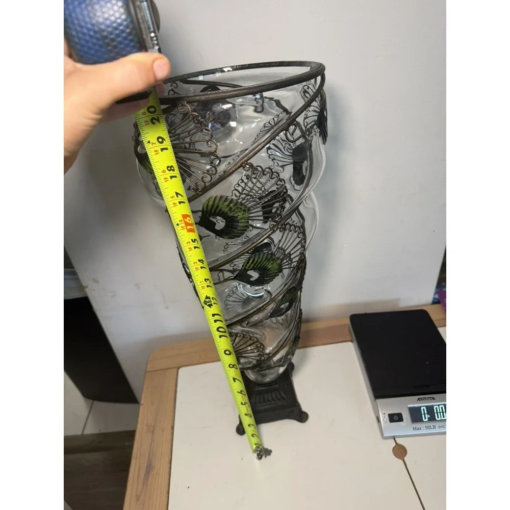 Vintage Hand Blown Cast Iron Large Peacock Feather Vase